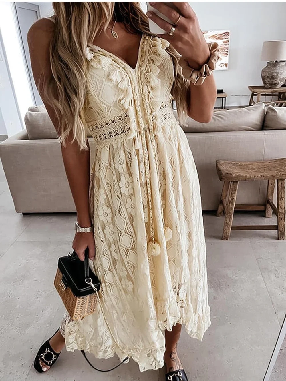 Cupshe Cream Lace Maxi Dress with Tassel Tie - Picture 2 of 8